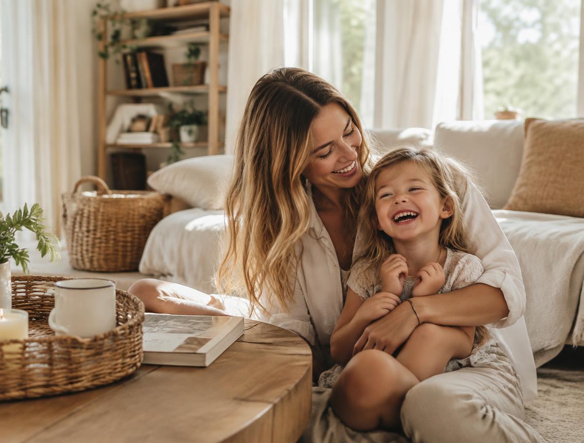 Mom and daughter laughing in a sunny living room